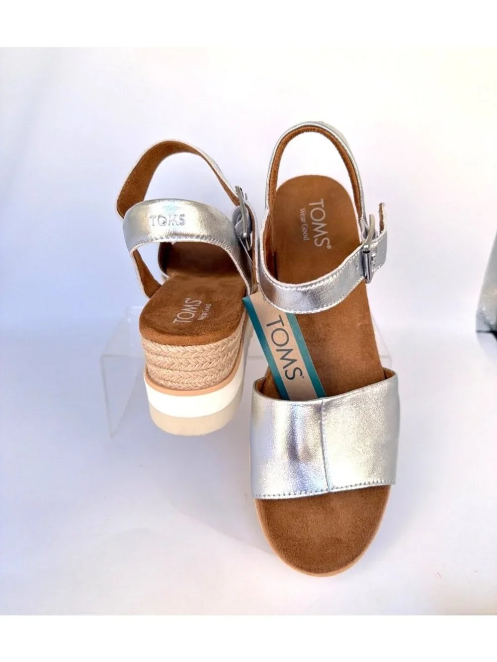 TOMS Diana Platform Wedge Sandals Silver Metallic Nappa Leather Women Size 9.5